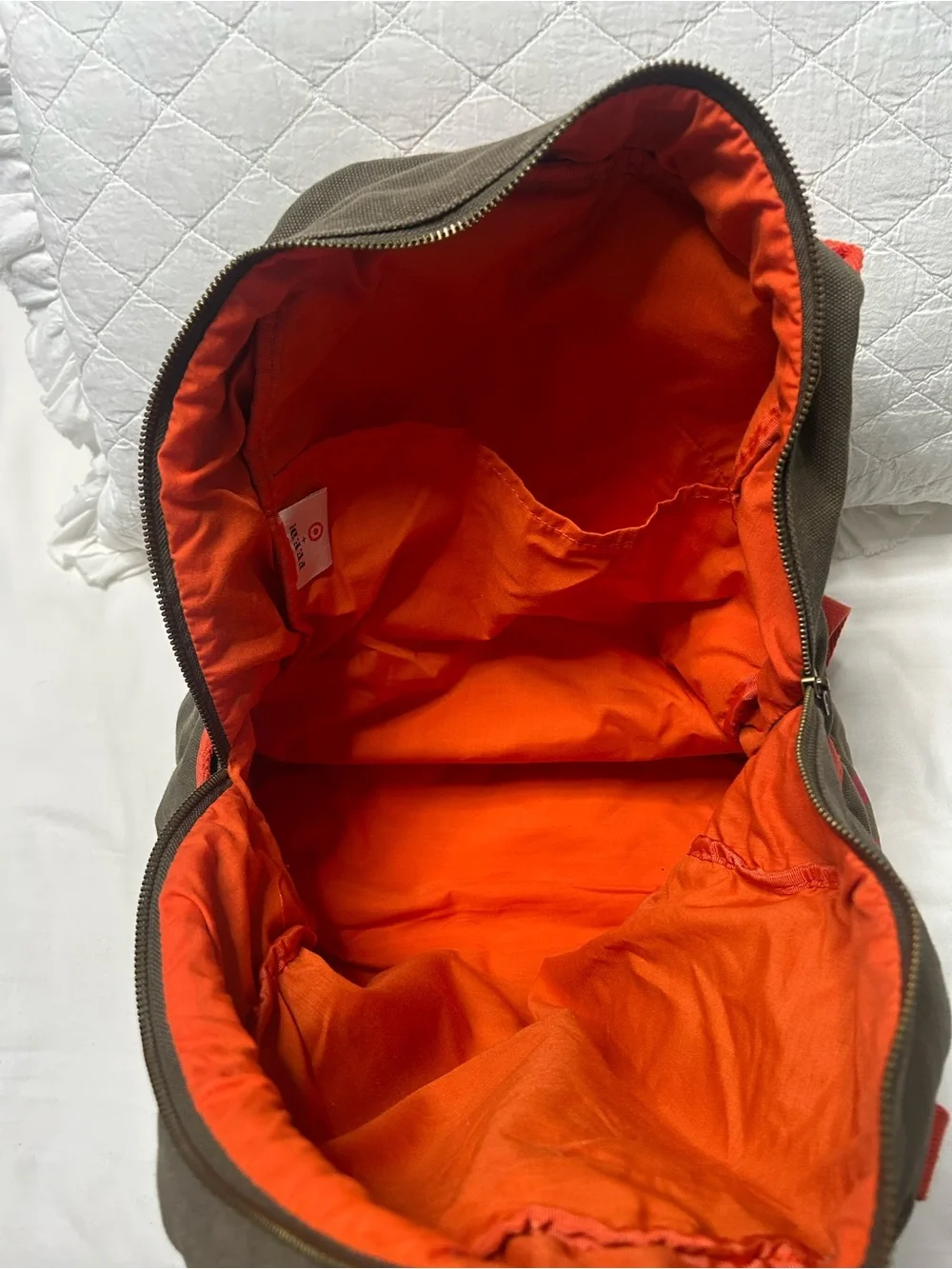 Unisex Canvas Backpack in Olive with Orange Accents